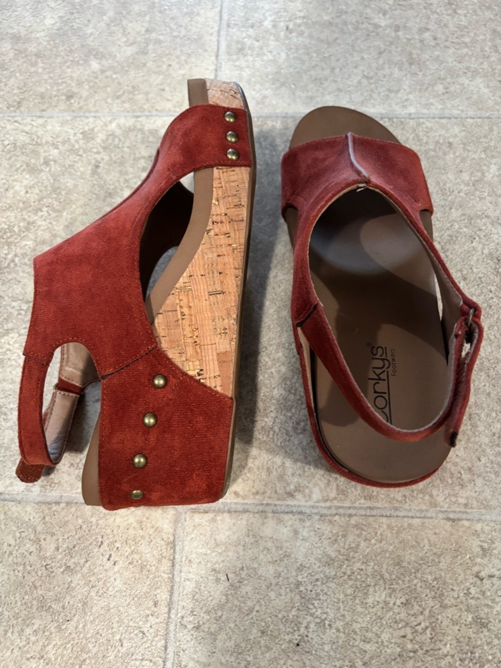 Corkys Rust Suede Cork Wedge studded slingback Sandals size 10 - Picture 2 of 3